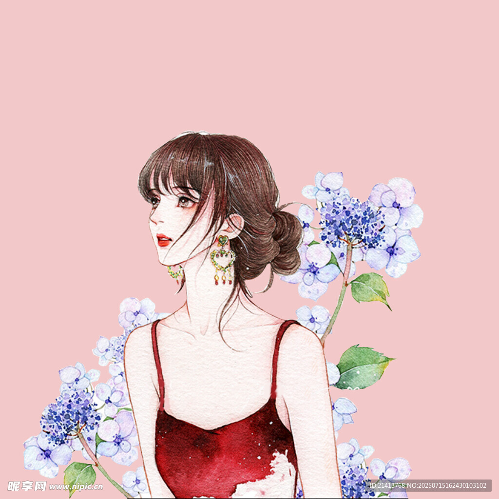 红衣女子置身蓝花之中