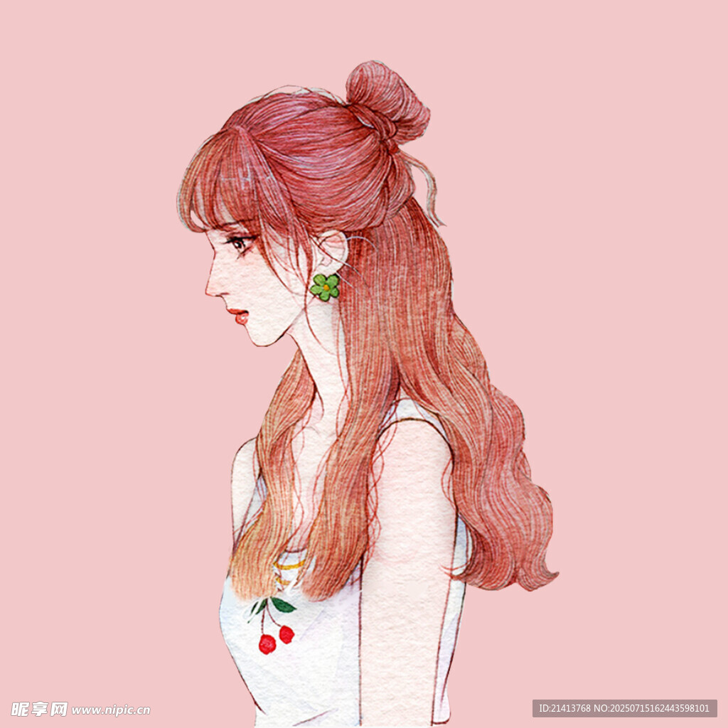 红发扎辫女孩清新插画