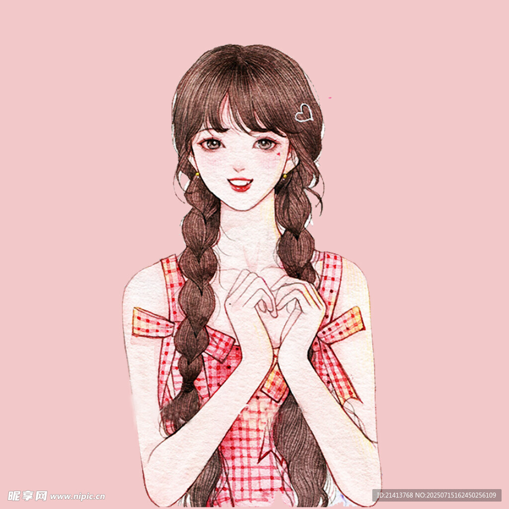 双麻花辫红衣甜美女孩