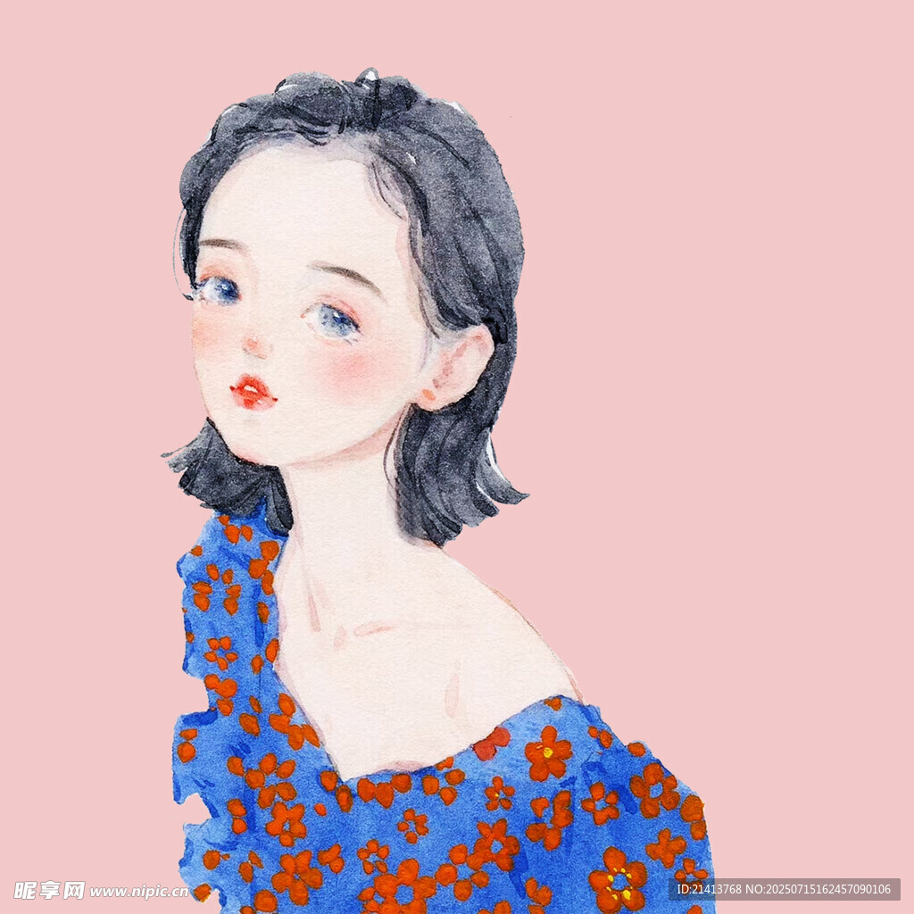 蓝裙短发女孩的优雅瞬间