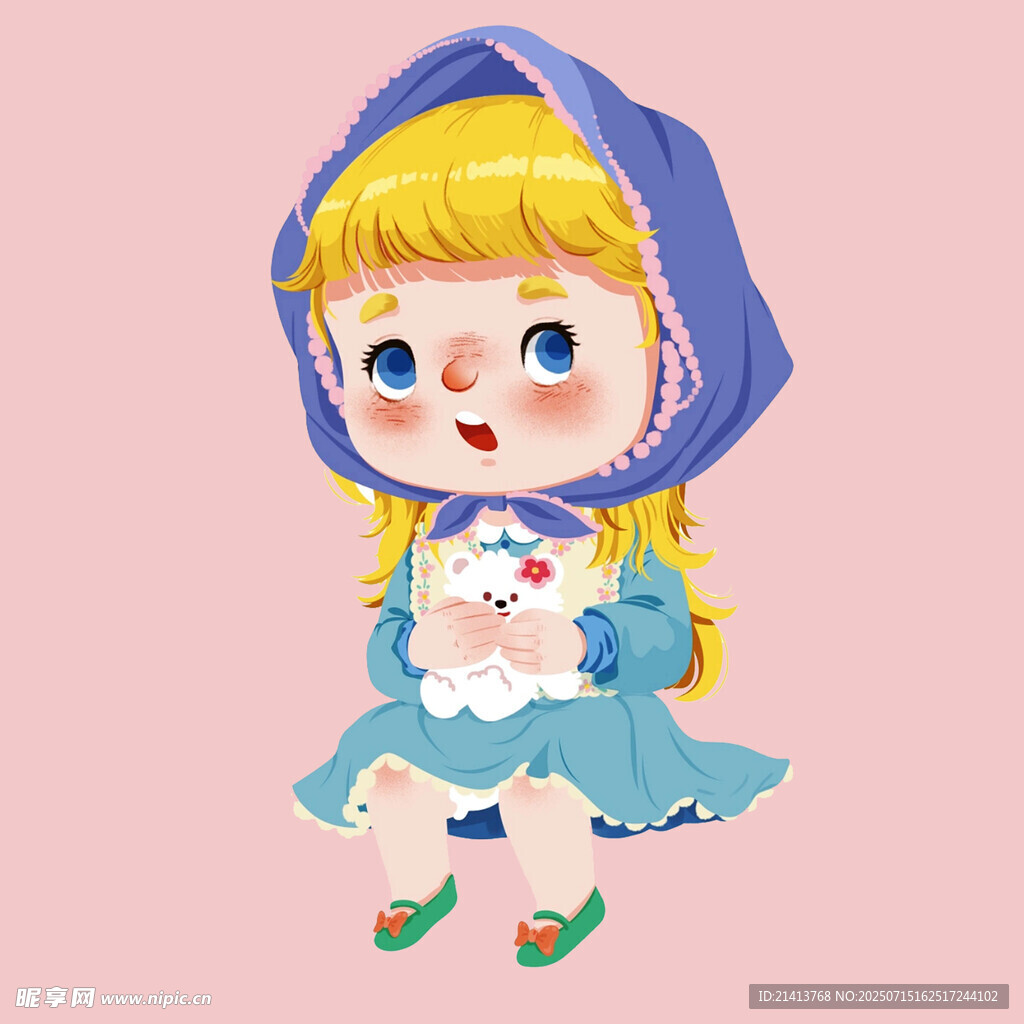 穿蓝裙抱玩偶的可爱女孩