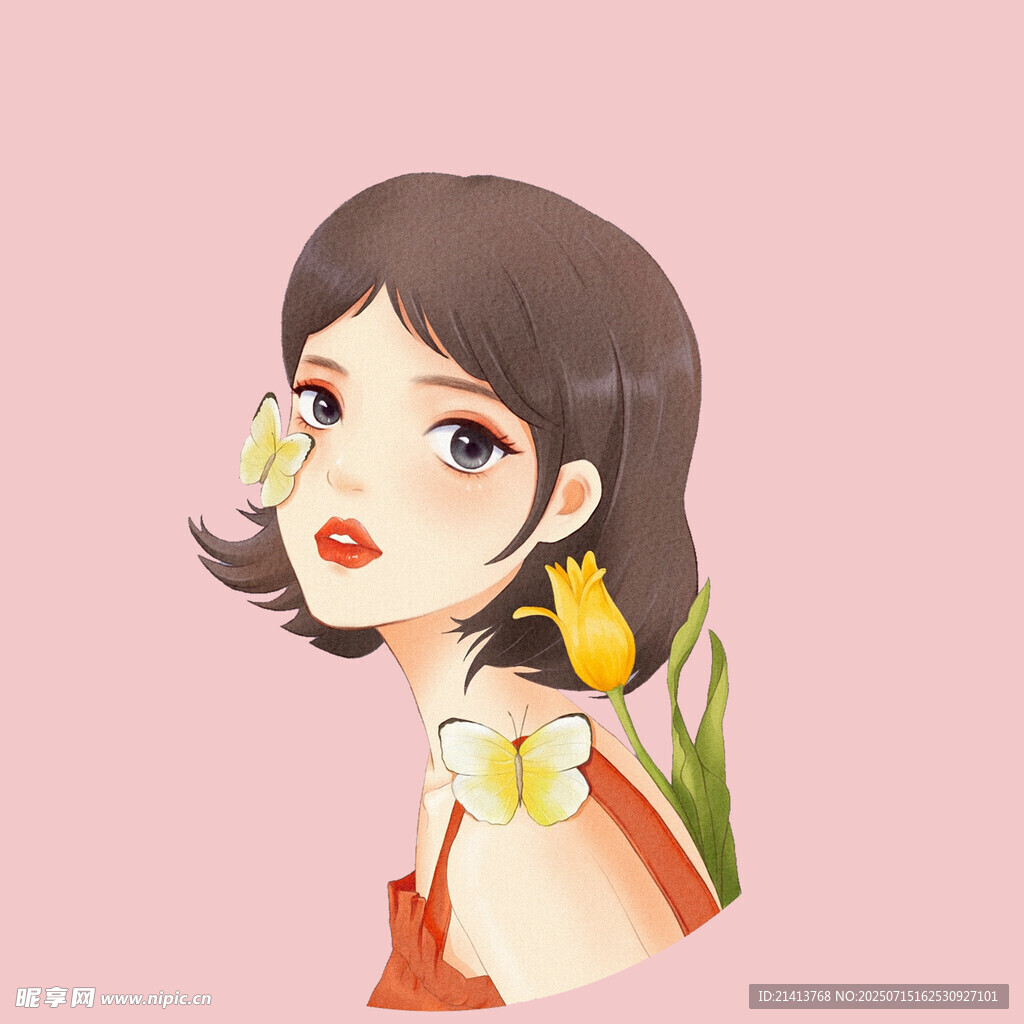 手持鲜花的甜美短发女孩