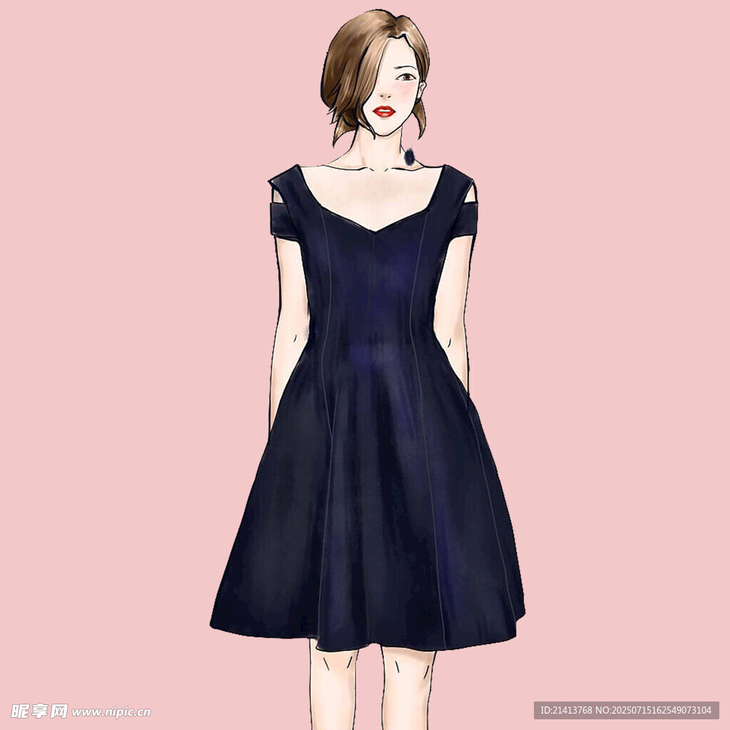 深蓝色露肩连衣裙女性形象