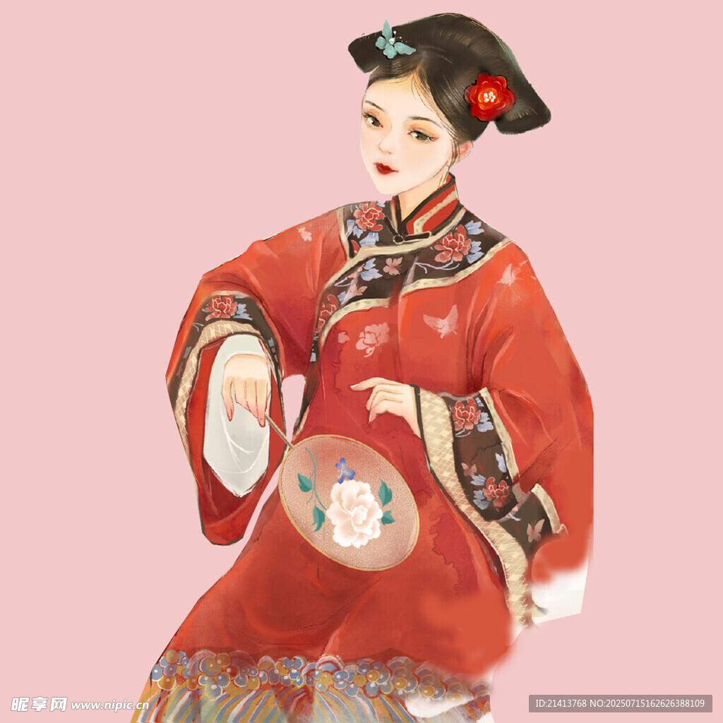 古典旗装女子持扇优雅姿态