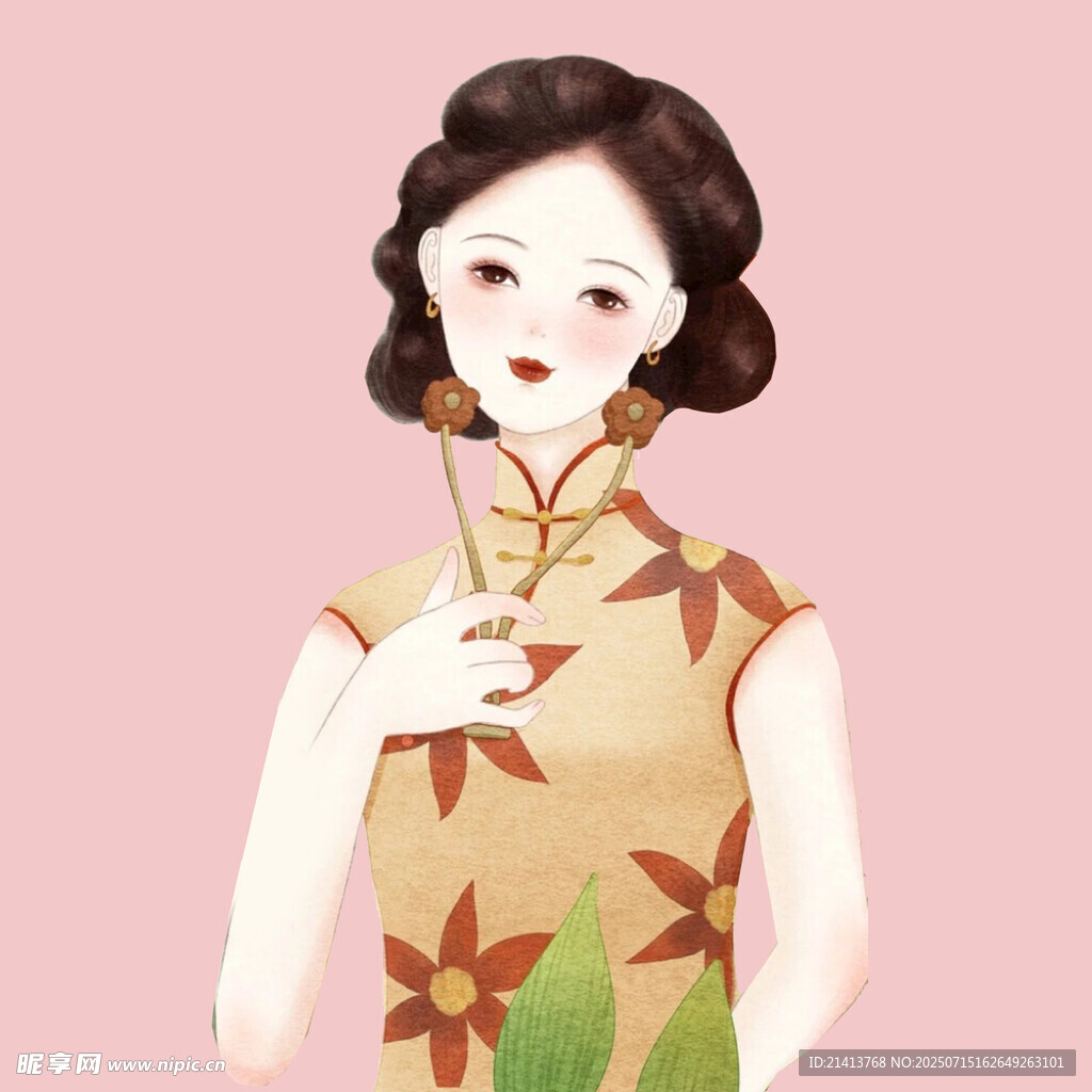复古旗袍女子手持花枝