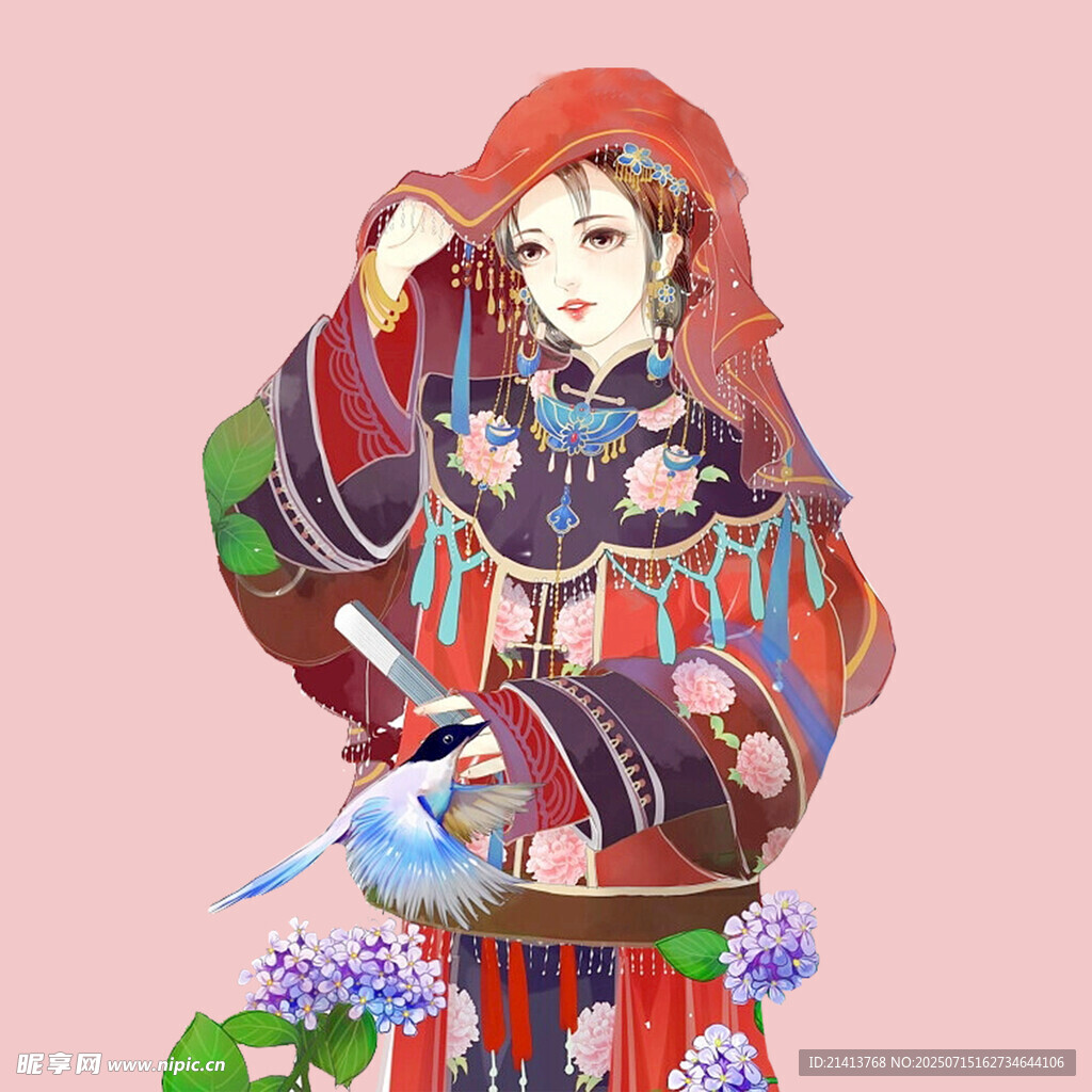 古风红衣少女持物赏景