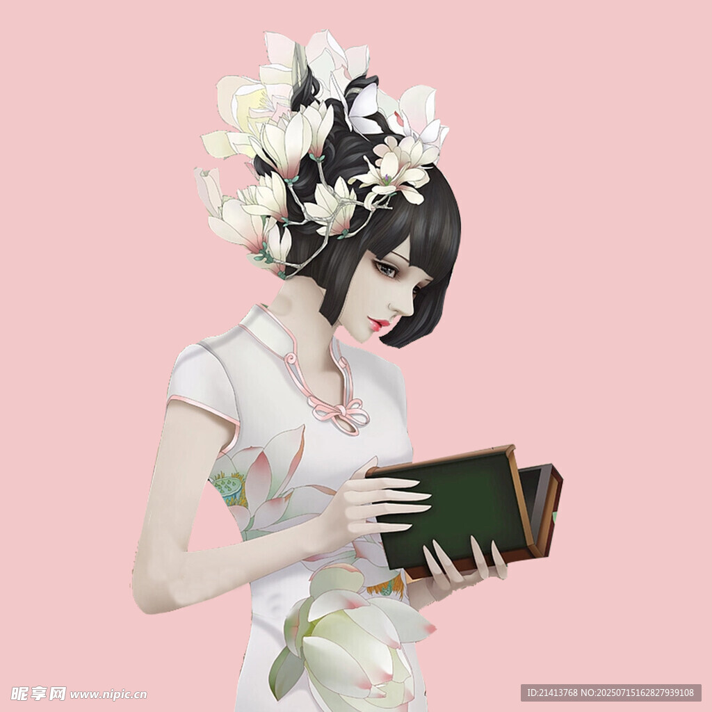 古风花饰少女捧书图