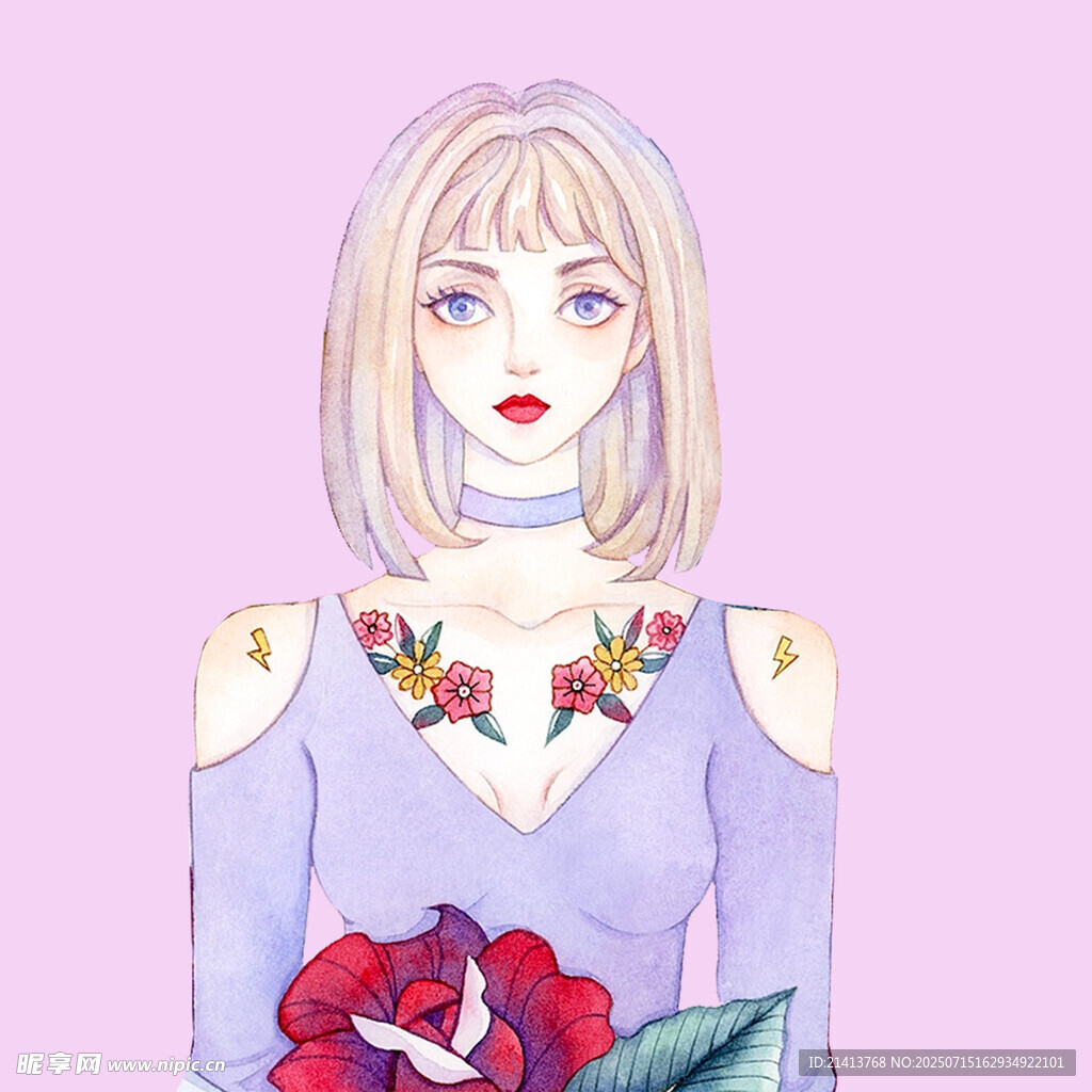 露肩少女与娇艳红玫瑰