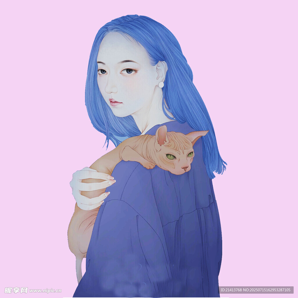 蓝发女子与怀中猫咪