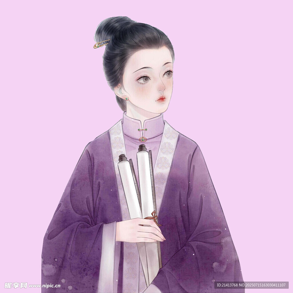 古风紫衣持书女子形象