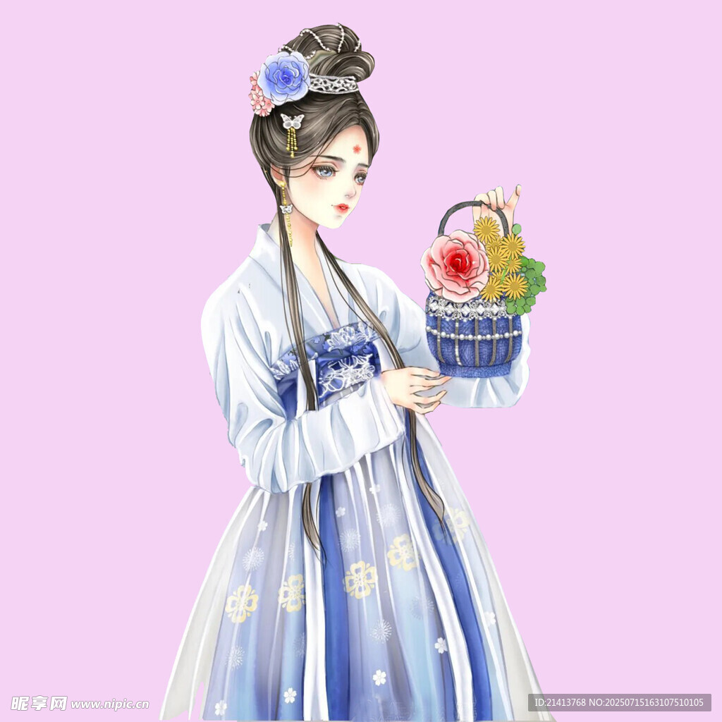 古风少女持花篮优雅而立