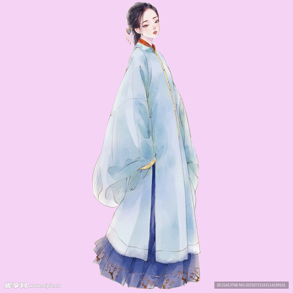 古风女子身着飘逸蓝色汉服
