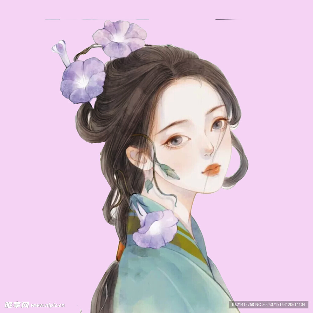 古风女子侧颜  发间绽繁花