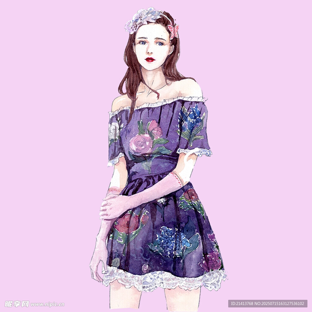 露肩碎花裙少女插画
