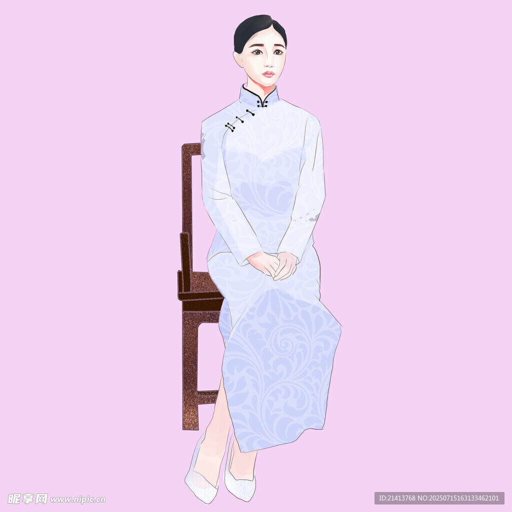 身着旗袍端坐的优雅女子