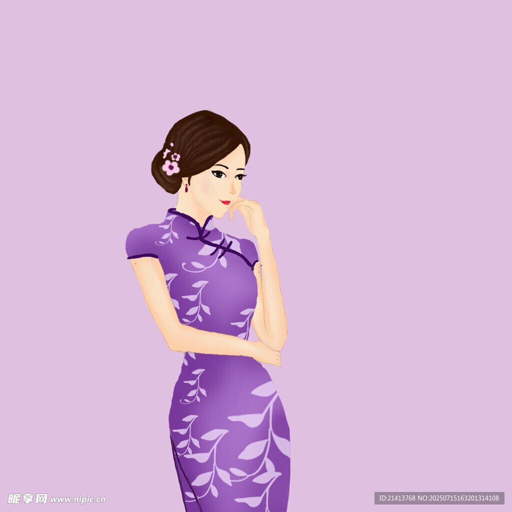 优雅紫衣旗袍女子