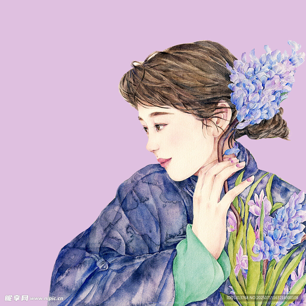 古典女子簪花侧影