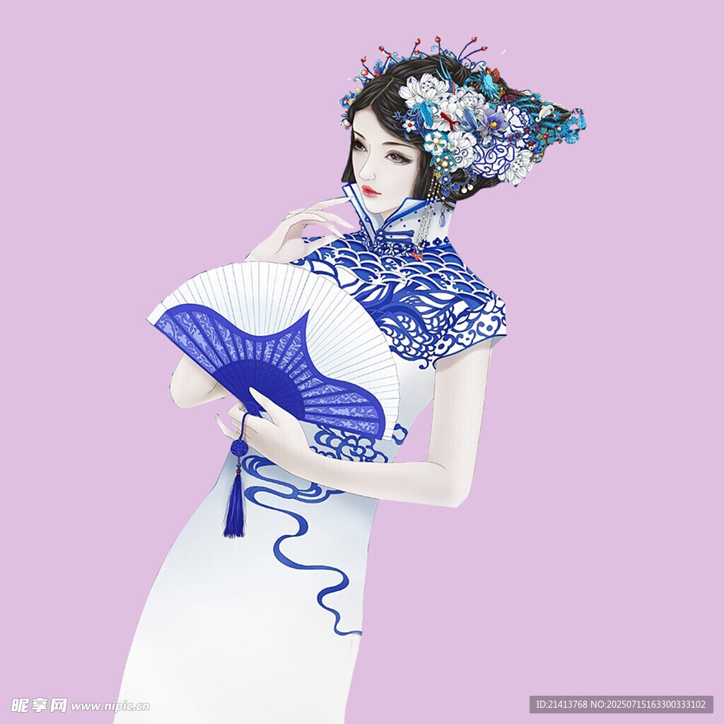 古风旗袍女子持折扇赏景