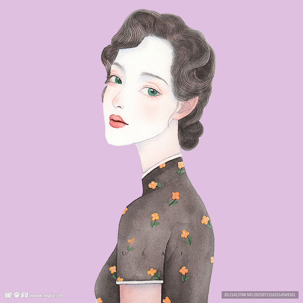 复古旗袍女子优雅侧影