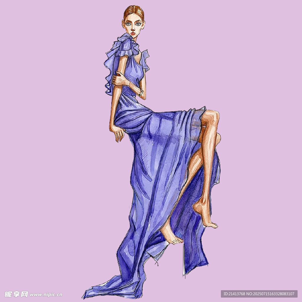 蓝色长裙时尚女性插画