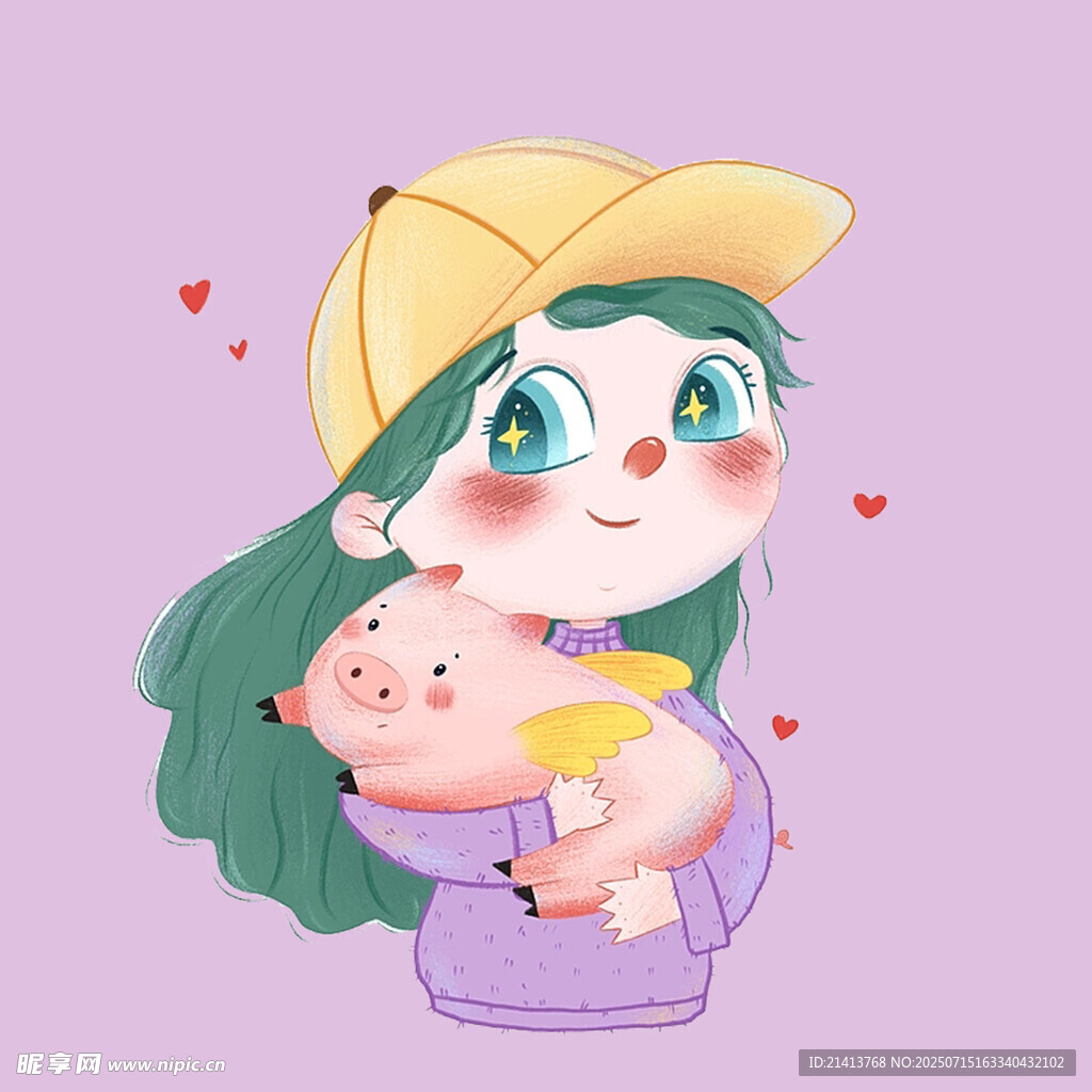 戴帽女孩抱小猪超可爱