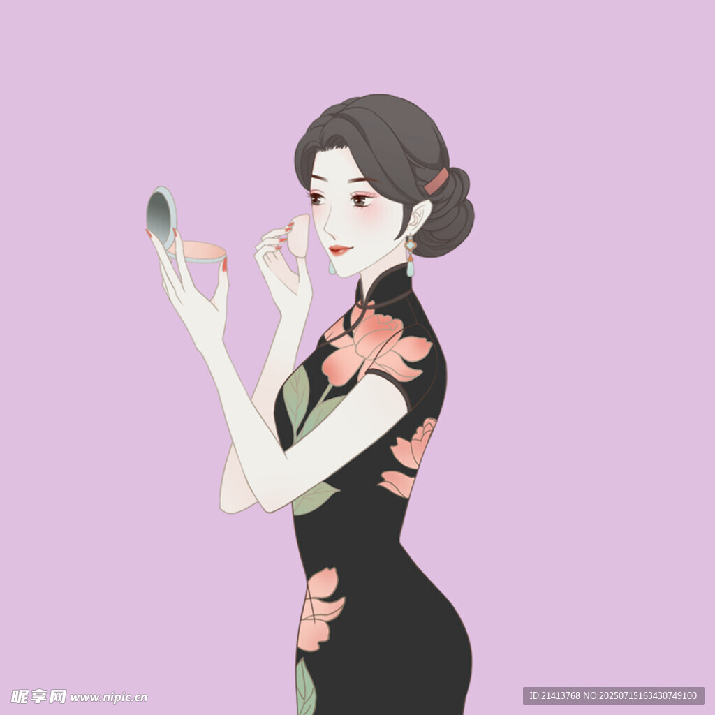 旗袍女子专注对镜补妆