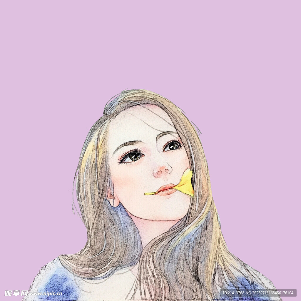 金发女子嘴角衔花插画