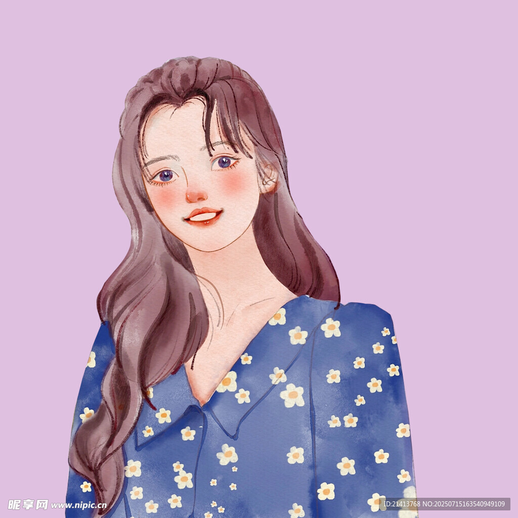 穿碎花衣的甜美长发女孩