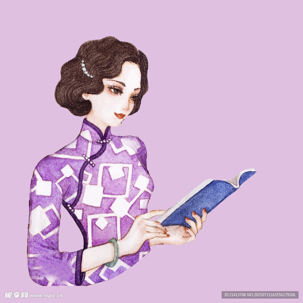 旗袍女子专注阅读画面