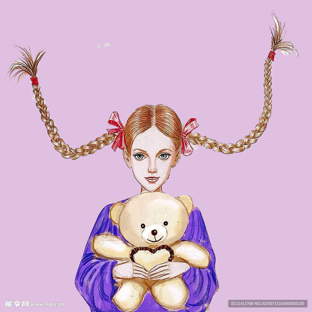 扎辫女孩抱小熊的梦幻形象