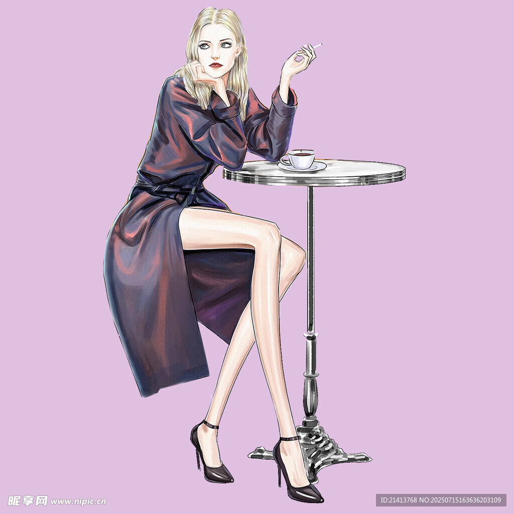 时尚女郎优雅坐于桌旁