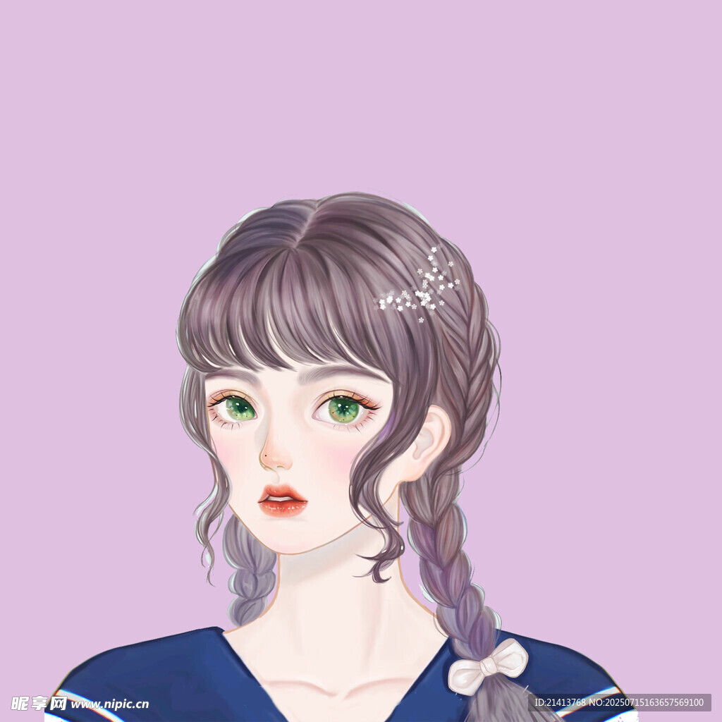 紫色系双麻花辫少女插画