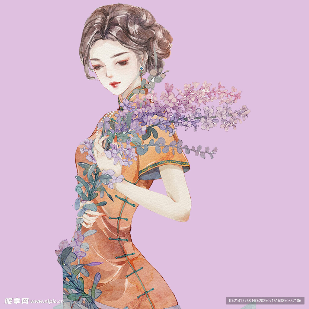 复古旗袍女子手持紫色花束