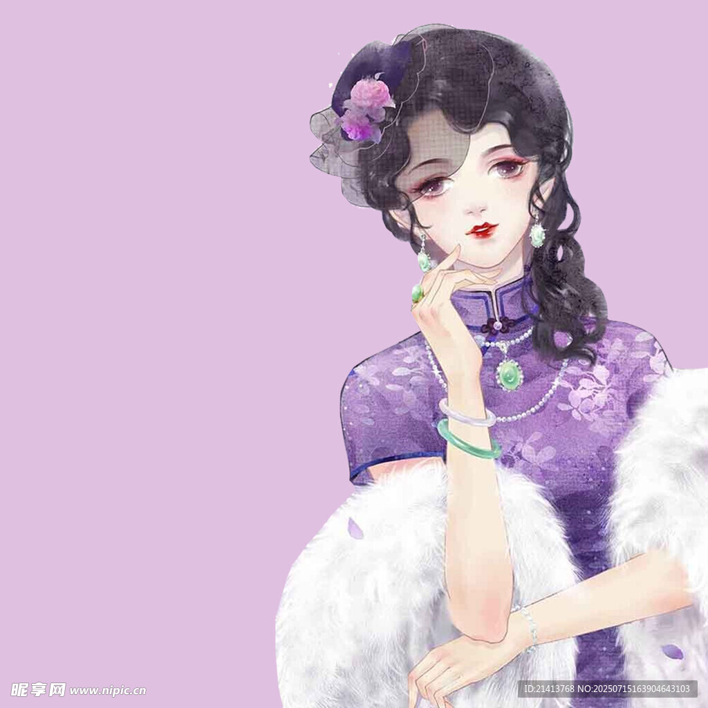 古典紫衣女子手持毛绒扇