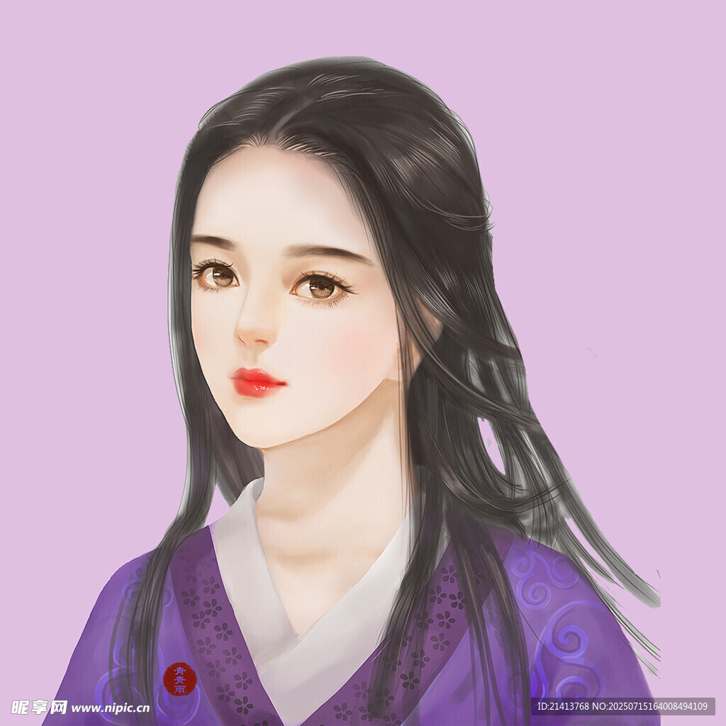 古风紫衣长发女子画像