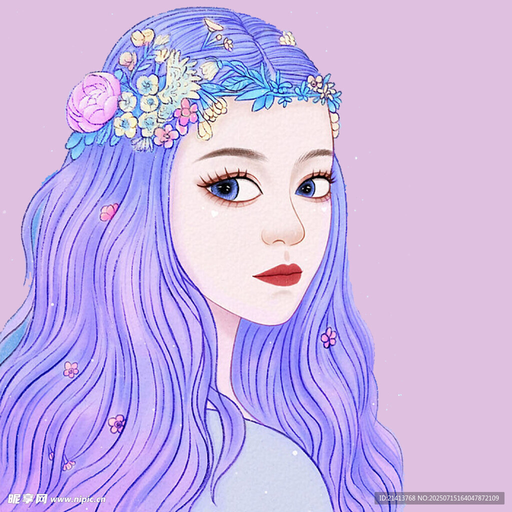 紫色长发戴花饰的女孩