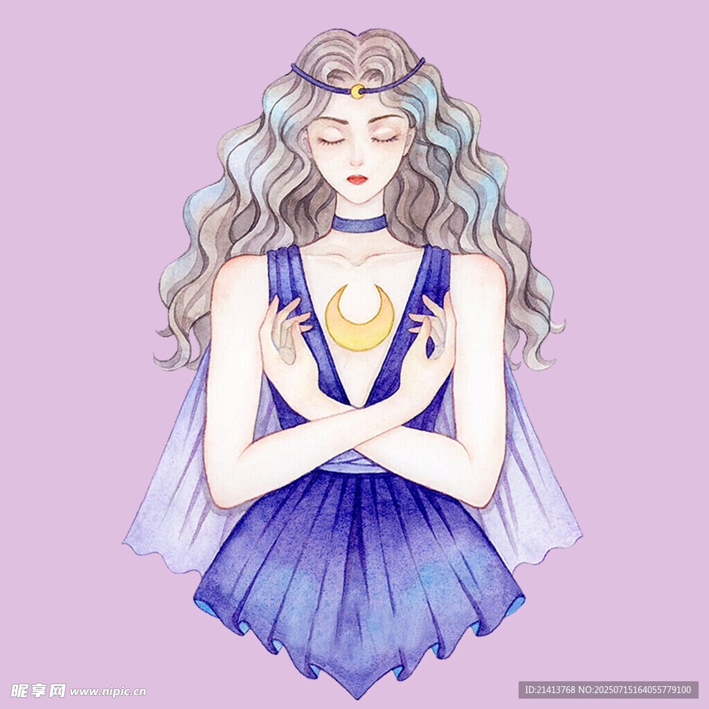 梦幻卷发少女怀抱月亮