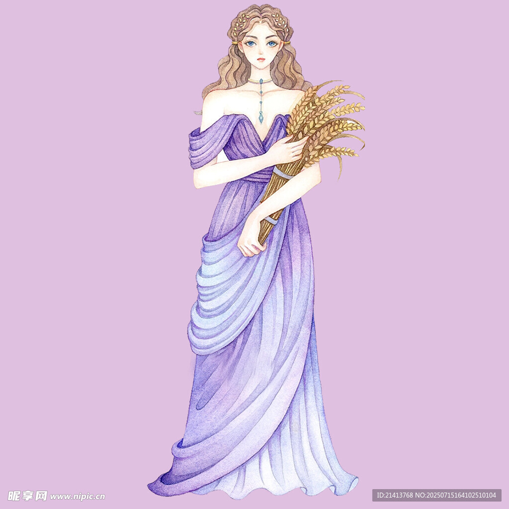 手持麦穗的优雅紫衣女子