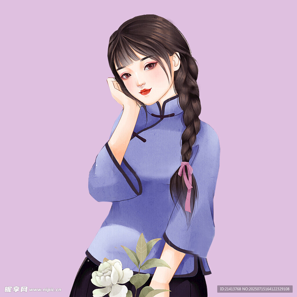 手持白花的旗袍少女