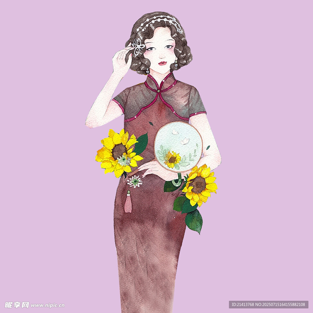 旗袍女子手持向日葵与圆扇