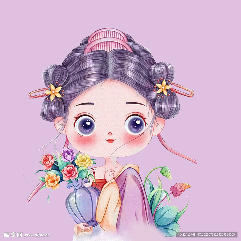 古风少女手持花与扇