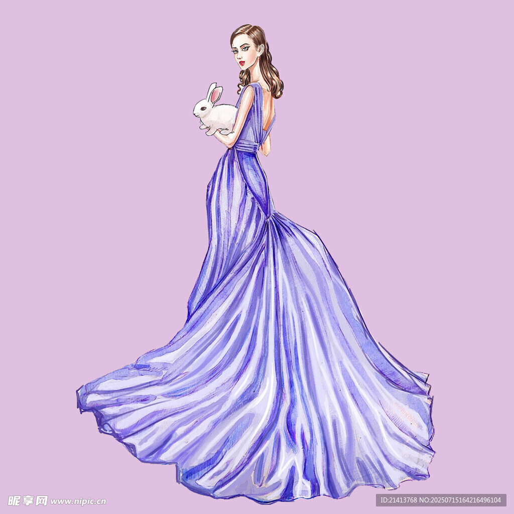优雅蓝裙女子手绘插画