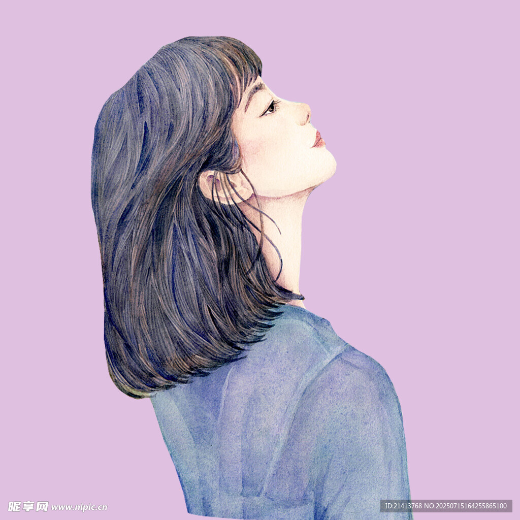 侧头凝望的长发女子