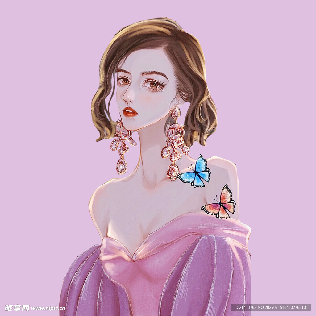 粉色系露肩女孩纹身插画