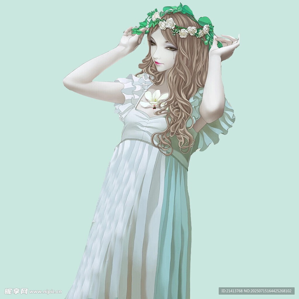 花环少女身着飘逸白裙