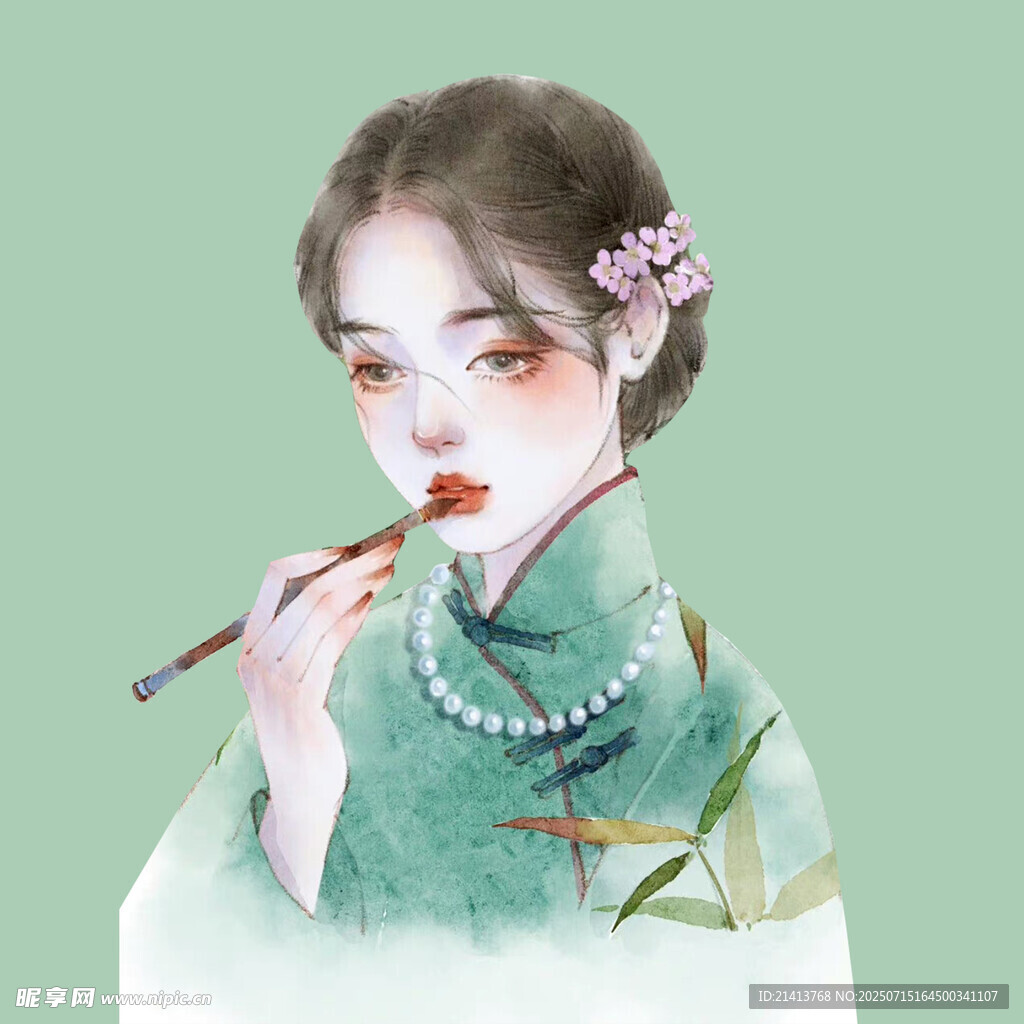 古风旗袍女子持笔绘韵