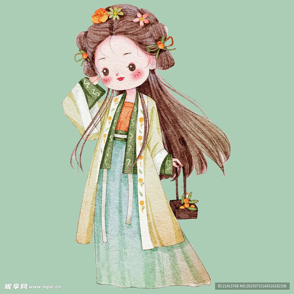 古风少女持包戴花漫步
