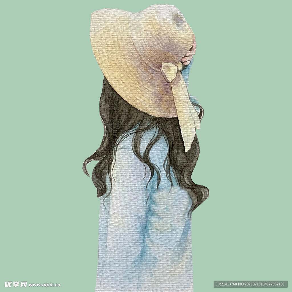 戴草帽的长发女性背影