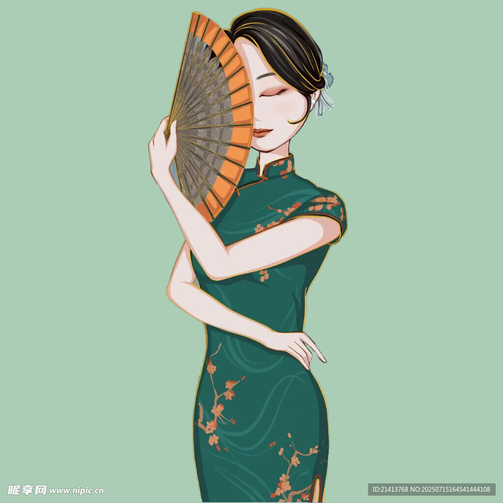 旗袍女子持扇优雅姿态