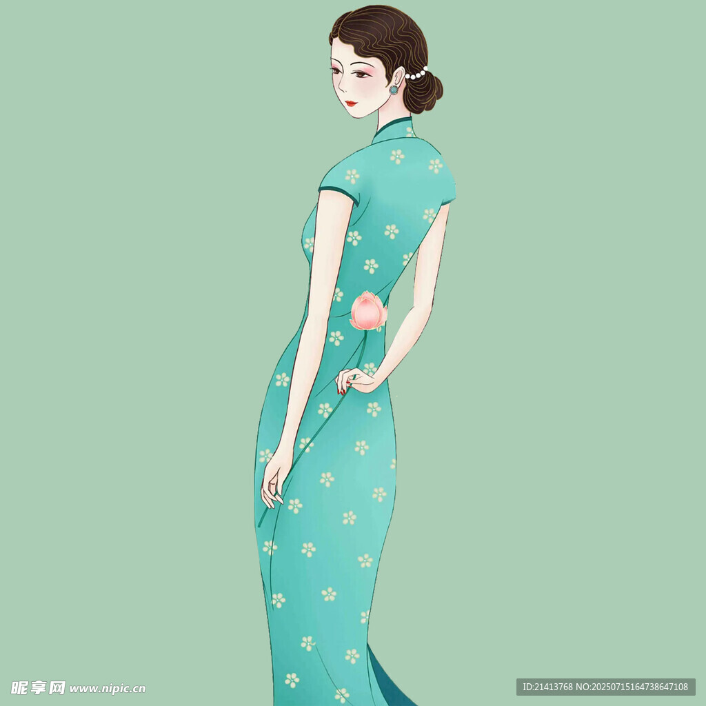 身着绿旗袍的优雅女子
